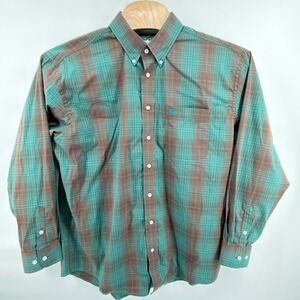 Panhandle Rough Stock Button Down Shirt Mens XL Teal Brown Plaid Western Stretch